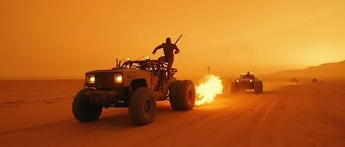 In the movie Mad Max, a mad chase unfolds in an endless, desolate desert. Modified vehicles covered in huge chains and oil speed along, kicking up dust, and the sky is dyed in the red light of dusk. T