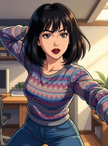Transform the image to a very feminine look. Add bright brown eyes, dark red lipstick, detailed textures, and vibrant colors. Use sharp, flowing lines to emulate the iconic Ghibli illustration style. 