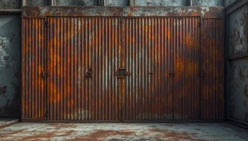 Modern corrugated iron design, industrial chic, rusty metal texture, weathered effect, brutalist architecture, urban landscape, cityscape, metropolitan atmosphere, abandoned factory, distressed walls,