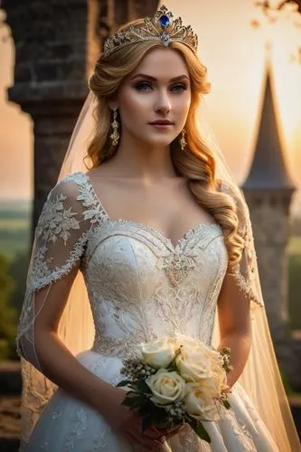 Princess Zelda, white wedding dress, intricate lace details, golden tiara, long curly blonde hair, soft makeup, gentle smile, standing, heroic pose, Hyrule Castle, sunset background, warm light, misty