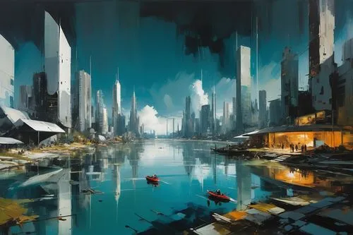  Game Scene, Wild angle view  Game Scene, Wild angle view a beautiful utopia  futuristic city, on the lake shore, modern  buildings,a painting of an urban scene on water,cityscape,futuristic landscape