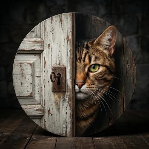 Round 3D Anamorphic Illusion, create the illusion that characters or objects are extending out of the screen toward viewers, one half part of the painting is an old white wooden door board, the other 