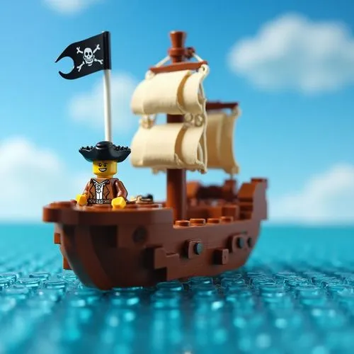 Un bateau pirate LEGO en briques marron navigue sur une "mer" de briques LEGO bleues transparentes et de plaques rondes 1x1. Le bateau a des voiles en tissu beige/blanc cassé, un mât avec un drapeau p