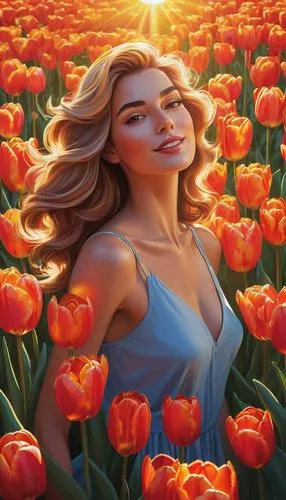 Create a portrait of a beautiful woman standing amidst a bed of vibrant tulips. The sun is shining on her face, illuminating the golden highlights in her hair, vector,a painting of a woman in a field 