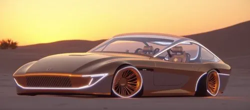A luxury autonomous concept car parked in a serene desert landscape during sunset. The vehicle has a minimalist design with flowing curves, a glass canopy roof, and shimmering rose-gold bodywork. Insi