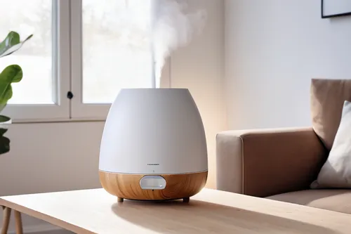 Product Photography::1.4, Humidifier on corner of white table, light beige and beige style, 20th century Scandinavian style home background::1.5, Wooden, sofa, bright, natural light, professionally ca