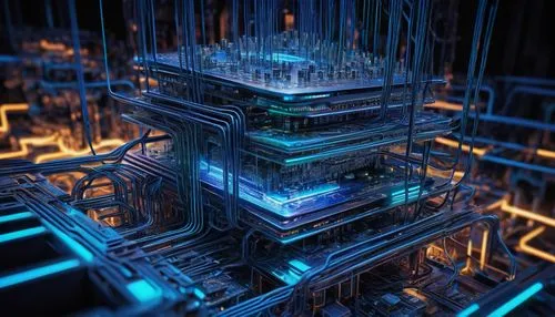 Modern neural network, ResNet50 architecture, deep learning model, 3D structure, layers stacked, convolutional neural network, artificial intelligence, futuristic background, circuit boards, wires, mi
