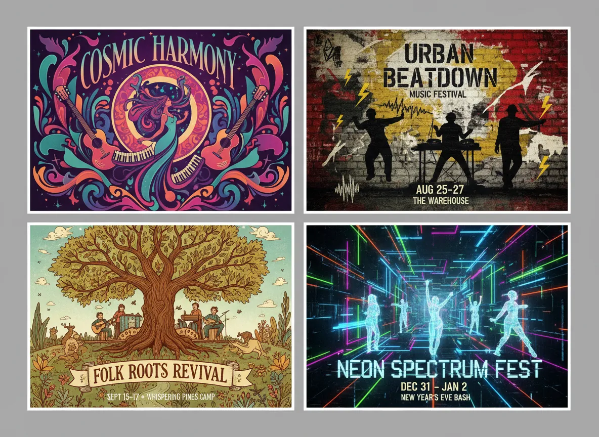 Una griglia che mostra quattro diversi design di manifesti per un festival musicale generati dall'AI, ciascuno con uno stile e una palette di colori unici.