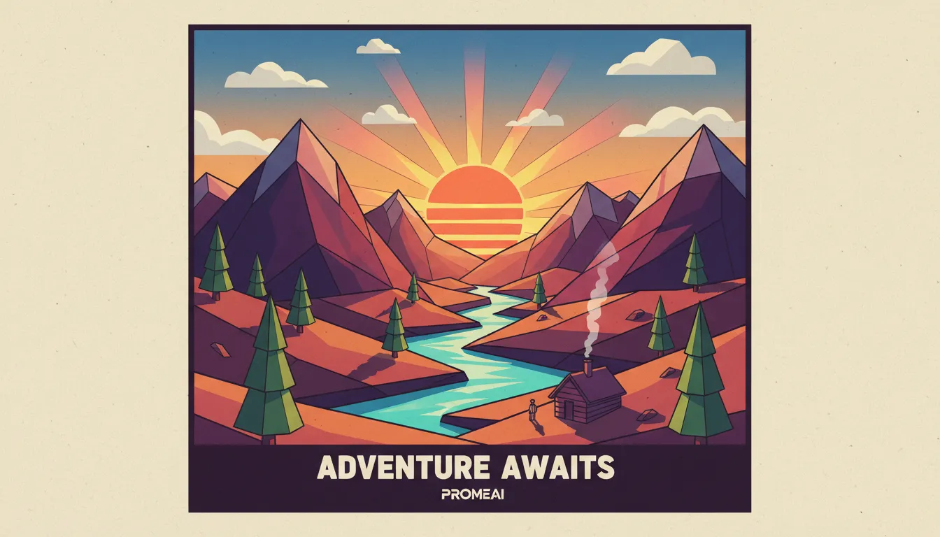一张使用PromeAI创作的日落山景低多边形海报，色彩鲜艳，细节丰富。