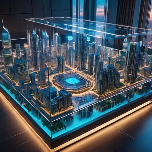 A model in a display case with the most impressive digital architectural models on a virtual cyberpunk island,a glass container that shows a very large city,tron,electroluminescent,futuristic architec
