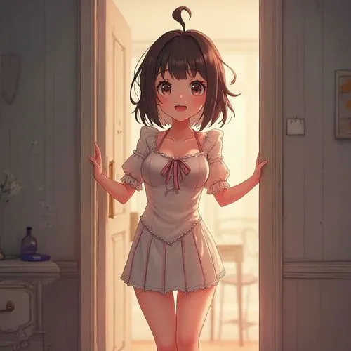 a woman in a maid outfit standing in an open door way,pajama,nightclothes,open door,cute clothes,pajamas,euphonious,morning light,poi,in the door,kayo,unknown,qt,room door,cocoa,reimposing,minor,door,