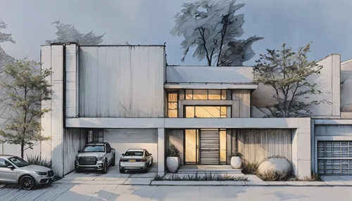 two cars parked in front of a drawing of a house,modern house,house drawing,fresnaye,frame house,dreamhouse,fromental