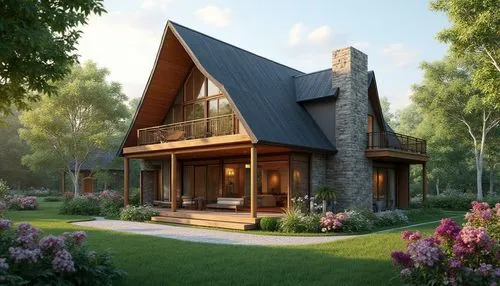 A beautiful one-story modern tropical house with a steep pointed roof, elegant wooden balcony, large glass windows, spacious veranda, natural stone walls, surrounded by lush green garden and colorful 