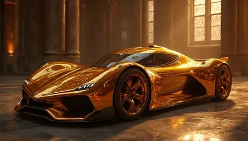 "Golden hypercar in historic cathedral, luxury automotive design, dramatic architectural lighting, polished reflective surfaces, high-end 3D rendering",a gold colored sports car sits in an old looking
