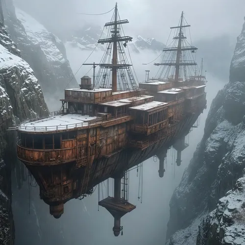 an artist's rendering of a ship floating in a mountain lake,caravel,britannic,old ship,syberia