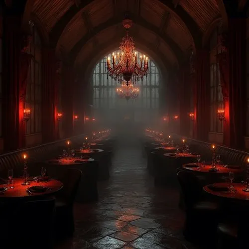Dark, mysterious gothic style restaurant, corrugated metal walls, vaulted ceiling, grand chandelier, luxurious velvet drapes, ornate wooden tables, high-backed chairs, mysterious ambiance, dim red lig