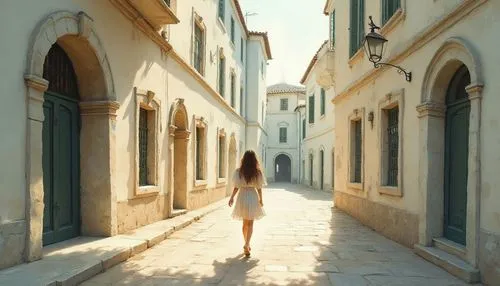 A watercolor style image, characterized by soft, diffused edges and visible brushstrokes, featuring a solitary woman walking through a sunlit alleyway. The scene utilizes an earthy color palette of wa