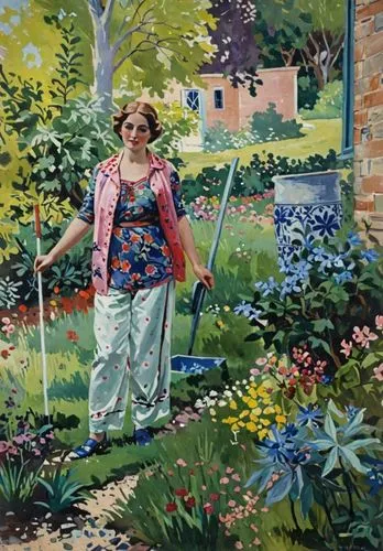 женщина в саду в стиле Матисса,a painting shows a woman standing in a garden,girl in the garden,girl picking flowers,gardener,work in the garden,gardeners,girl in flowers