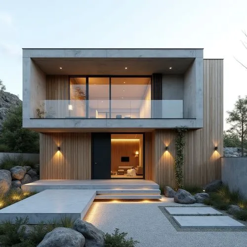 A minimalist, two-story modern home characterized by clean geometric lines and a balanced combination of materials—smooth concrete, matte black metal framing, and vertical natural wood cladding. The f