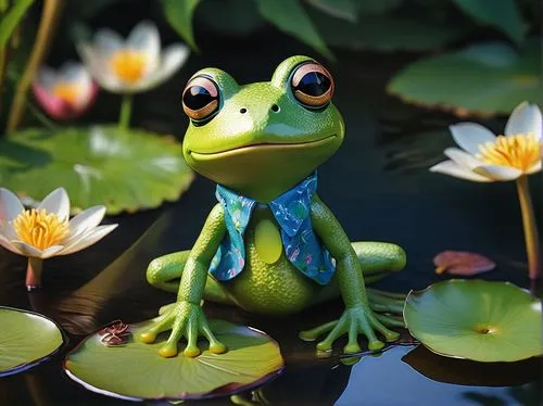 Green anime Kermie, the Frog, solo, (10yo), big rounded eyes, bright green skin, yellow belly, webbed feet, holding a microphone, wearing a blue Hawaiian shirt, white pants, standing on a lily pad, in