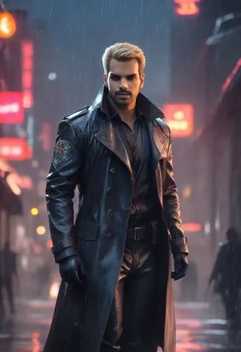 "Albert Wesker from Resident Evil standing still on a rainy rooftop at night. He wears his iconic black tactical trench coat, soaked and glistening, with slicked-back blond hair. His expression is cal