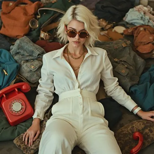 {
  "escena": {
    "descripcion": "Una persona con estética moderna sentada en medio de una gran pila de ropa, accesorios y objetos vintage.",
    "estilo_visual": "moderno, chic, ecléctico, alta sat
