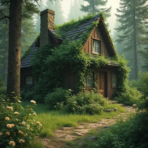 Old Green  house in forest, flowers are blooming,  pine-tree,  planty house style,a house that is in the middle of the woods,house in the forest,forest house,summer cottage,lonely house,cottage,little