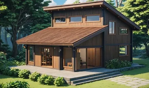 render this house using nippa hut material, keeping the same silouhuete and character lines, but use traditional natural materials,a small cabin with large windows in a wooded setting,wooden house,sma