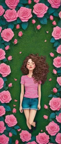 A detailed digital illustration of a young woman with curly brown hair, her eyes wide open, and lips adorned in vivid pink and blue, standing in a garden of pink roses. The neutral background features