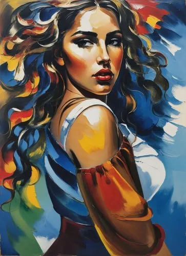 the artwork shows a woman with a handbag in her left hand,oil painting on canvas,glass painting,art painting,oil painting,meticulous painting,spray paint,young woman,fabric painting,painting technique