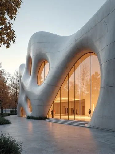 An art museum, by Zaha Hadid, concrete and glass facade, natural light with warm tones, super resolution,an artistic building with glass on the front,futuristic art museum,soumaya museum,futuristic ar