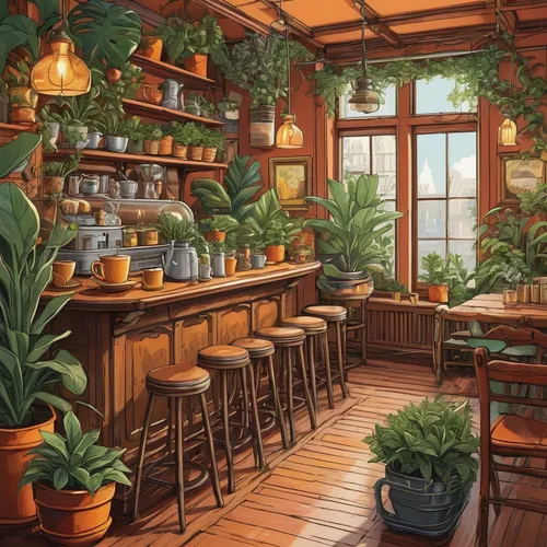 Illustrate a cozy cafe interior with vintage decor and plants.,watercolor tea shop,watercolor cafe,victorian kitchen,house plants,apothecary,potted plants,houseplant,flower shop,kitchen,greenhouse,kit