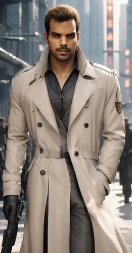 "Albert Wesker from Resident Evil, wearing his default black tactical outfit with a high-collar leather trench coat, textured for a slightly worn look. Rugged and muscular build, standing confidently 