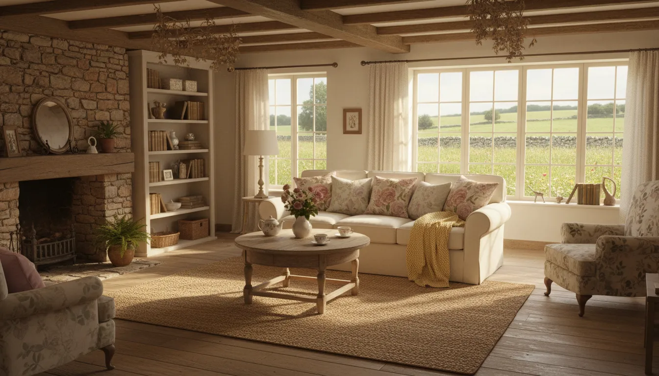 फोटो-यथार्थवादी Cottagecore शैली में डिजाइन किया गया एक धूप से भरा लिविंग रूम, जिसमें फूलों वाले तकियों के साथ एक आलीशान सोफा और हरे-भरे चरागाह की ओर देखने वाली बड़ी खिड़कियां हैं।
