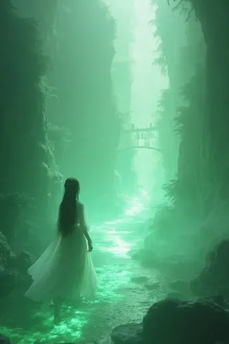 1girl,Luminous glass landscape,an unfolded scroll,one end of the scroll cylinder can be seen. At the top of the scroll page are standing dancing women,ancient buildings,bridges,rivers,3D art,C4D,jade 