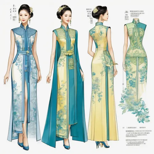 Fashion design, Chinese style dress, serene blues, elegant greens, and graceful yellows.,chinese style,ao dai,fashion design,fashion vector,fashion illustration,costume design,oriental painting,chines