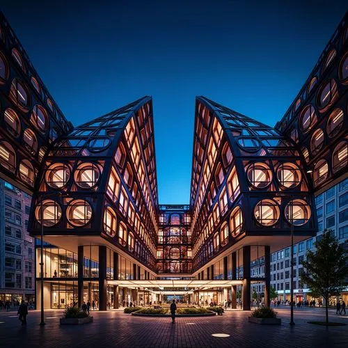 Vibrant modern architecture, triangular roofs, circular windows, hexagonal pillars, abstract patterns, sleek metal facades, glass and steel structures, minimalist decor, futuristic ambiance, urban cit