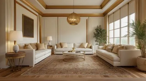 Design a luxurious Persian living room that blends traditional Iranian architecture with modern elegance. Create a spacious, symmetrical, and sophisticated interior featuring black carved classic (ste