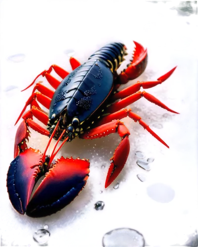 Plated lobster, luxurious seafood, red eyes, white belly, black tail, shiny shell, golden claws, sitting on ice, dew drops, soft focus, warm lighting, 3/4 composition, shallow depth of field, realisti
