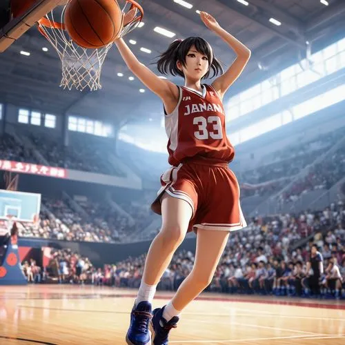 flying anime character,japanese style,girl,basketball,a young woman basketball player about to dunk a basketball,teppei,woman's basketball,basketball player,sakuragi,teodosic,kuroko,Photography,Genera