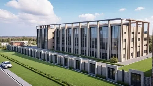Photo realistic industrial building, blender render, vray render,achicad render ,an aerial s of the top of the large building,biotechnology research institute,headquarter,chancellery,new building,comp
