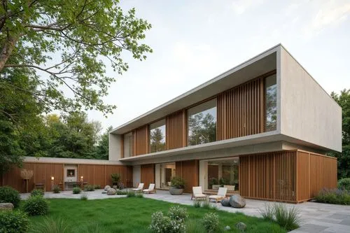 A photo-realistic shoot from a bird's eye view about a modern house with a minimalist design, featuring a concrete facade and cherry wooden stained thin slats,  the house is situated in a forest area,