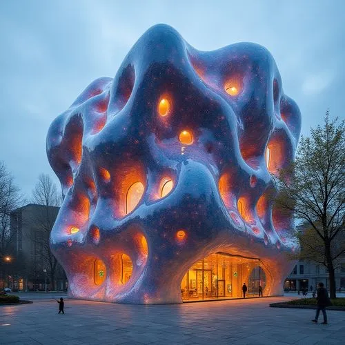A sculptural building structure that seamlessly blends contemporary art and design with celestial inspiration. Using innovative materials such as Plasticiet and recycled plastic bottles, the façade em