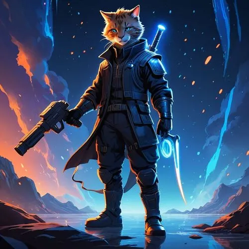 A detailed digital illustration of a surreal scene: KAI, a minimalistic flat-color male Lo-fi anime character inspired by cyberpunk aesthetics, stands in a dark, mystical landscape. His feline ears ar
