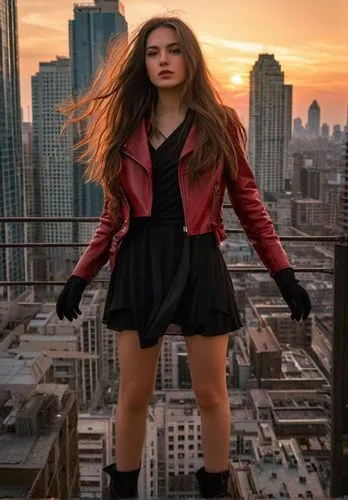 a striking full-body conceptual art of a beautiful 23-year-old Caucasian woman with long brown hair cascading to her shoulders, adorned in a black dress with a neckline and a bold red leather jacket, 