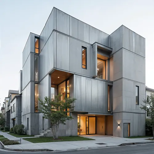 A unique design that uses intentionally misaligned elements to create visual interest,there are many light in the windows on this house,cubic house,modern architecture,cube house,modern house,townhome