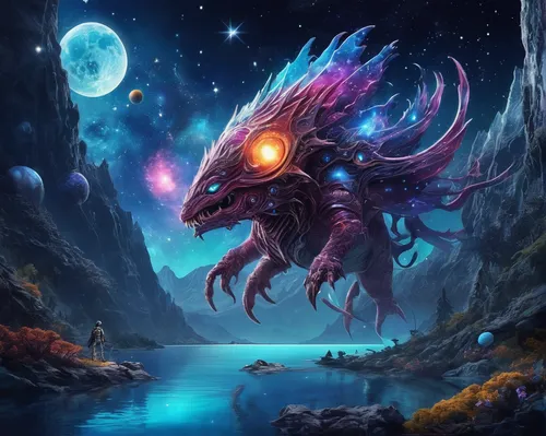 Invent a mythical creature living in the depths of a mountain lake.,fantasy picture,fantasy art,kelpie,painted dragon,wyrm,cuthulu,constellation wolf,fantasy landscape,gryphon,water creature,3d fantas