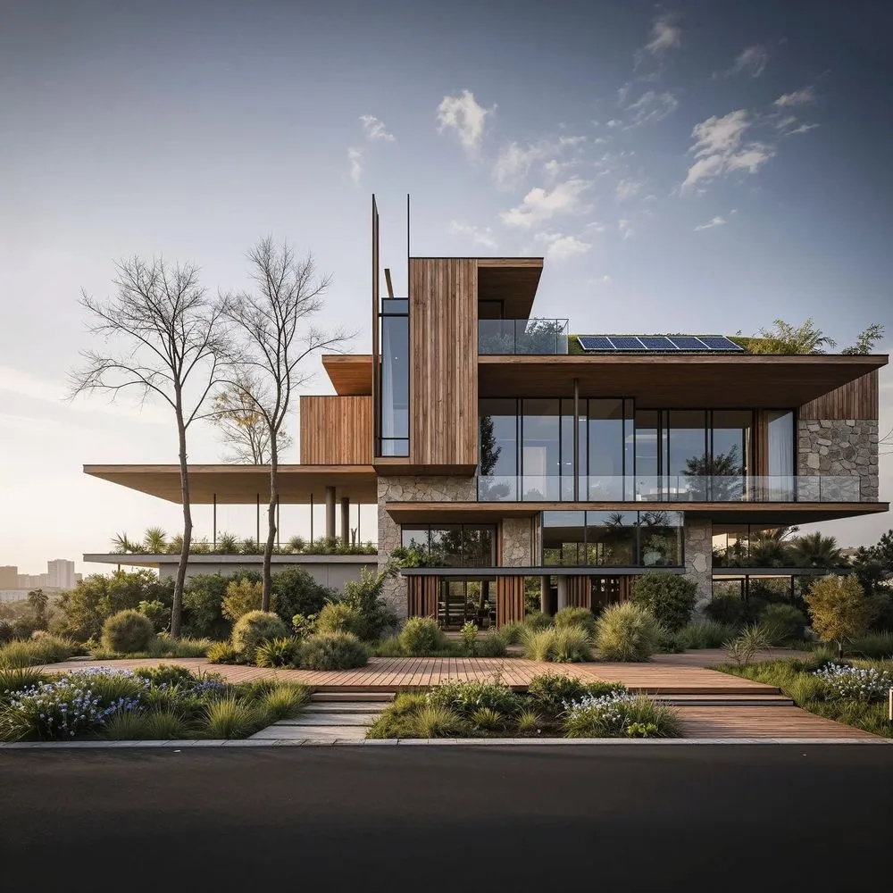 a large modern house with glass windows overlooking a field and trees