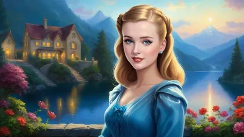 Romantic masterpiece oil painting, cute girl portrait, nostalgic 1950's style kitsch, breathtaking beautiful kingdom landscape, majestic fantasy scenery, evening lighting, highly detailed highres, abs