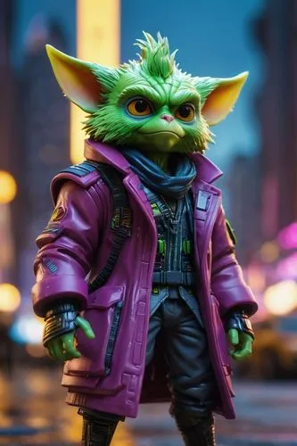 Leica portrait of a gremlin monster wearing a coat, coded patterns, sparse and simple, uhd image, urbancore, sovietwave, period snapshot,a toy of yoda wearing a purple coat,coruscating,color rat,pip,g